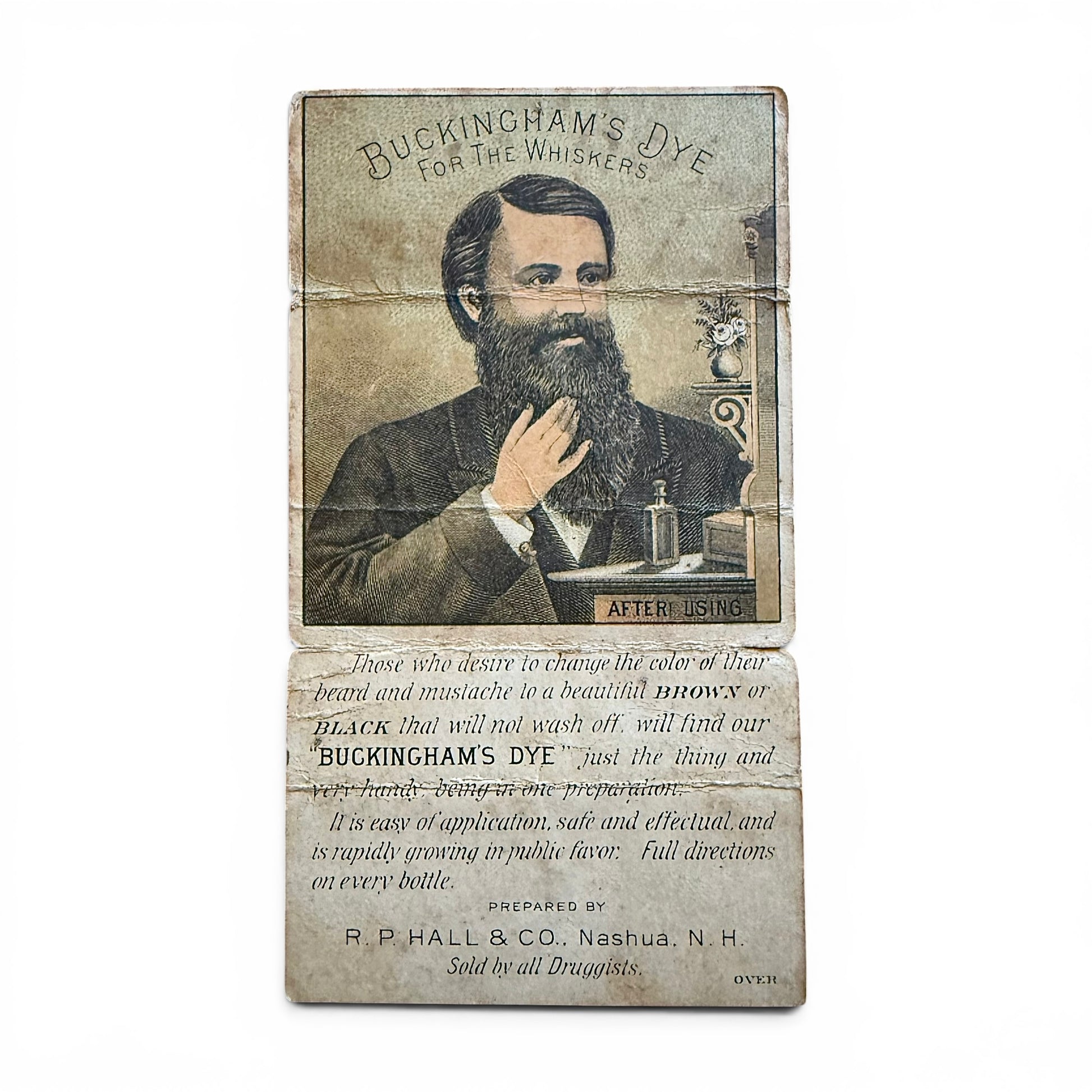 Foldout Vintage advertisement for Buckingham's Dye for Whiskers with a portrait of a man on a white background.
