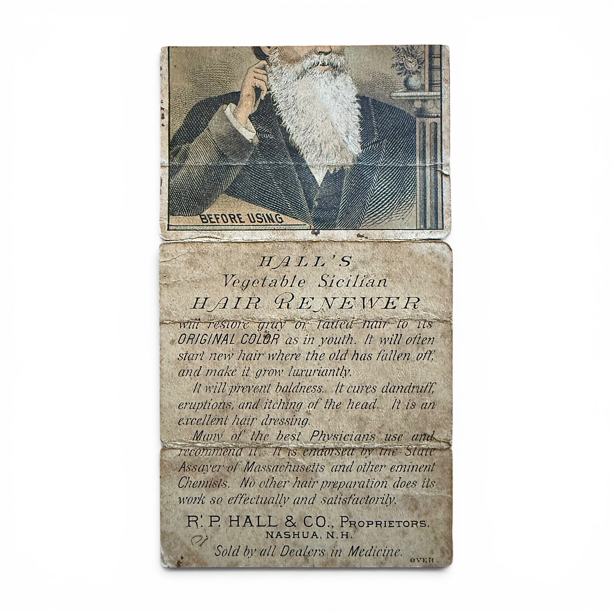 Vintage advertisement for Hall's Vegetable Sicilian Hair Renewer with a man's portrait on a white background.