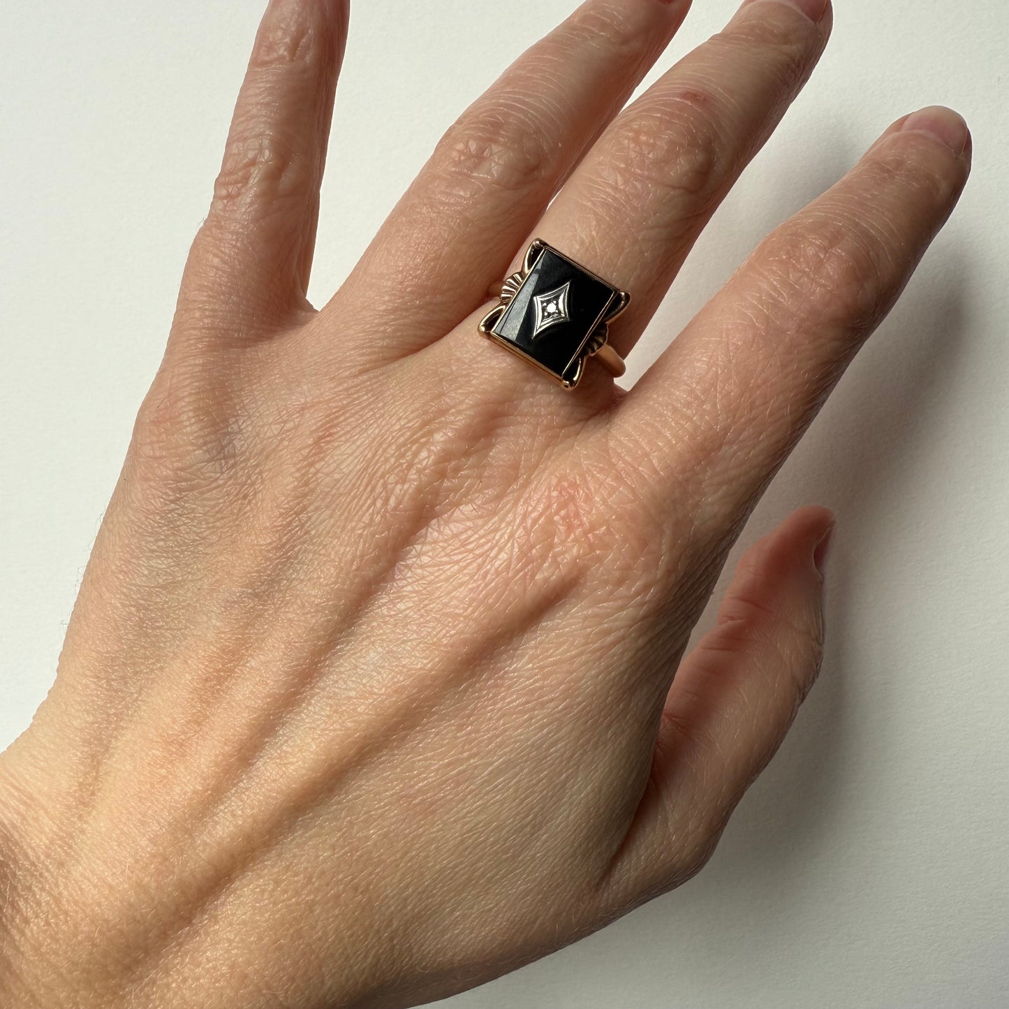 Art Deco 10K Rose Gold Black Onyx Diamond Ring Size 8.25