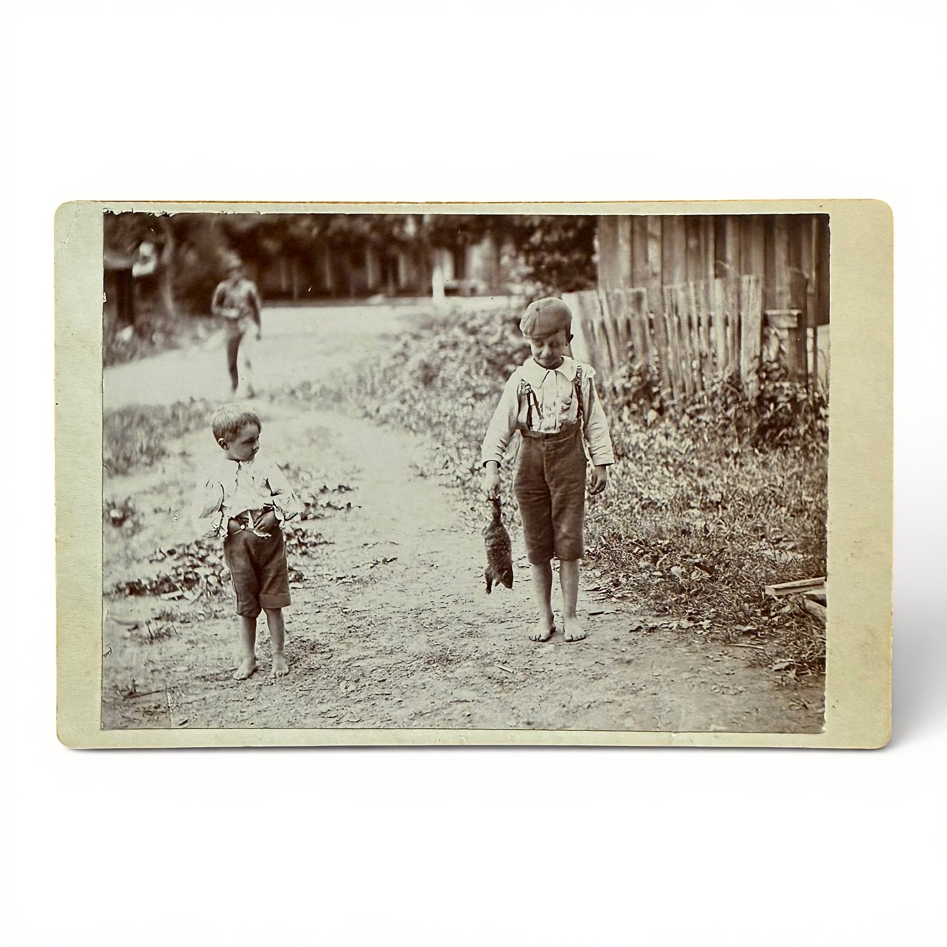 Caught A New Pet - Cabinet Card Vintage black and white photo of two children walking on a dirt path with a fence and trees in the background. one kid has caught a squirrel.