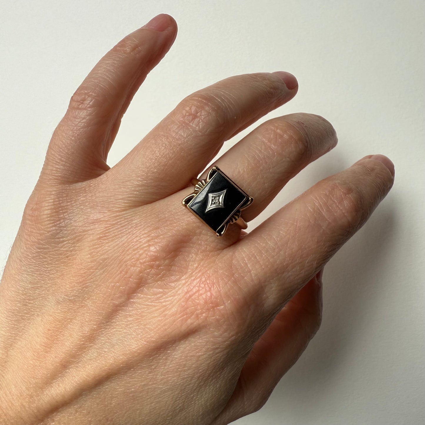 Art Deco 10K Rose Gold Black Onyx Diamond Ring Size 8.25