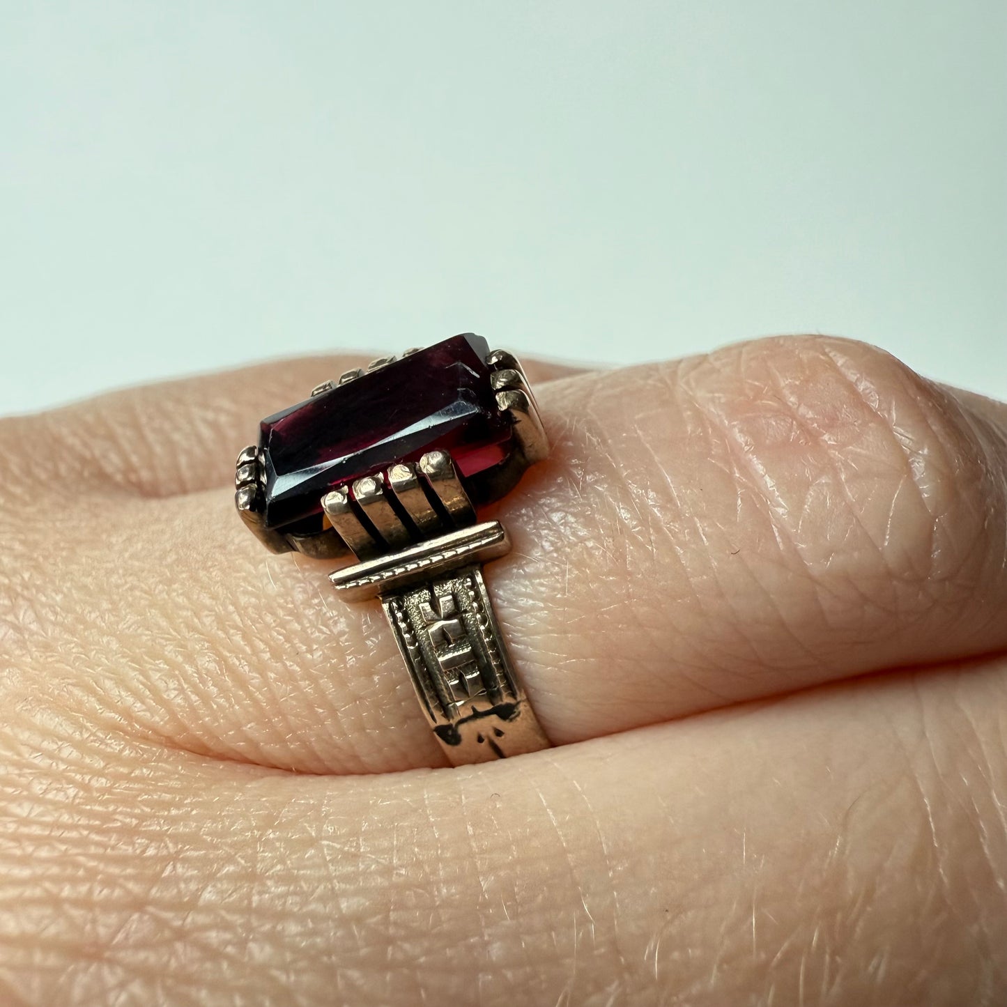Edwardian Engraved 10k Gold Band and Garnet Ring Size 6
