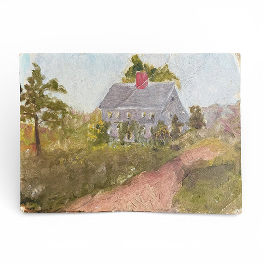 Early 1900 Farmhouse Scene Painting of a house with a red chimney in a rural setting