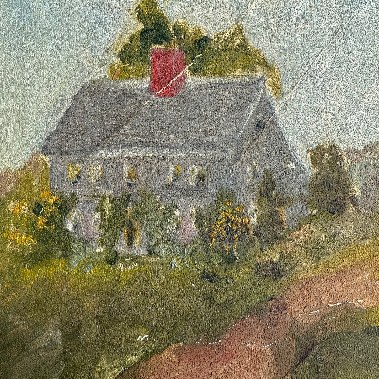 Early 1900 Farmhouse Scene Painting of a house with a red chimney surrounded by greenery