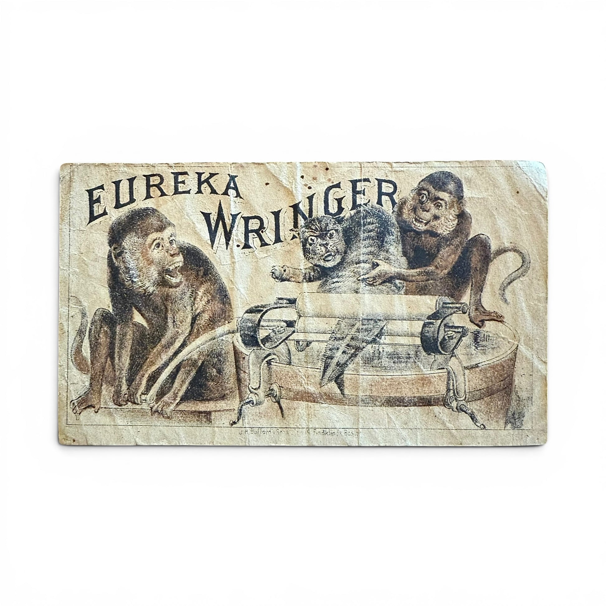 Eureka Ringer - Victorian Trade Card advertisement for Eureka Wringer with monkeys a cat and a washing machine.