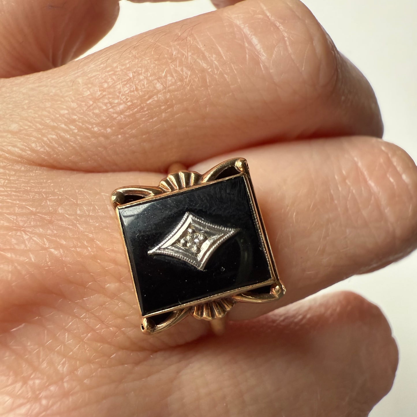 Art Deco 10K Rose Gold Black Onyx Diamond Ring Size 8.25
