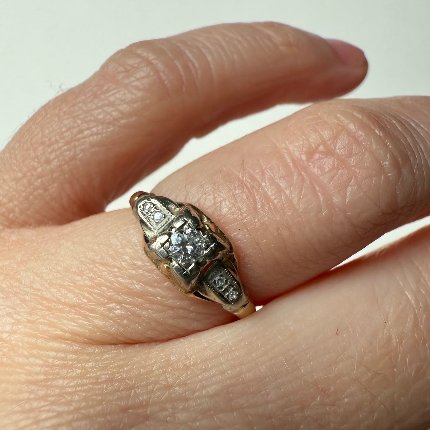 Art Deco Two Tone 14k Gold Diamond Ring Size 6.5
