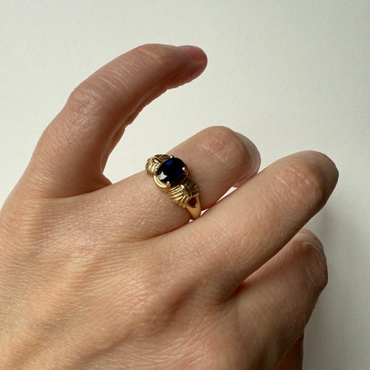 French Art Deco 14k Yellow Gold Sapphire Ring on hand