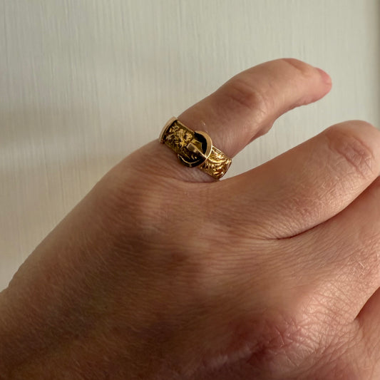 Antique Edwardian Buckle Ring 9k Rose Gold Flower Pattern Size 5.75