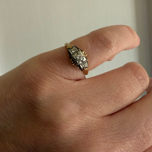 Art Deco Two Tone 14k Gold .10ct Old Cut Diamond Ring Size 4.5