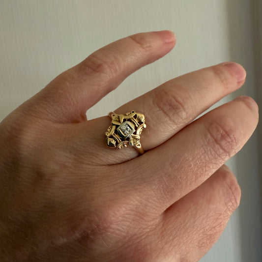 14k Yellow Gold Filigree Single Cut Diamond Ring Size 6