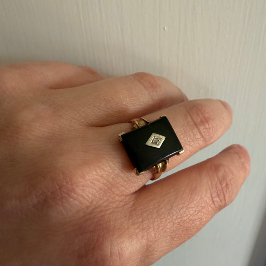 Victorian 10k Gold Onyx with Diamond Ring Size 7