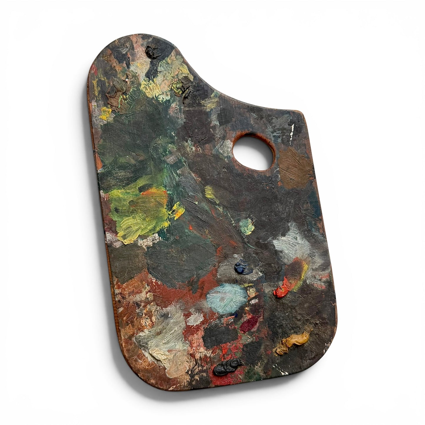 19th Century Double-Sided French Painters Palette Artistic paint palette with various colors on a white background