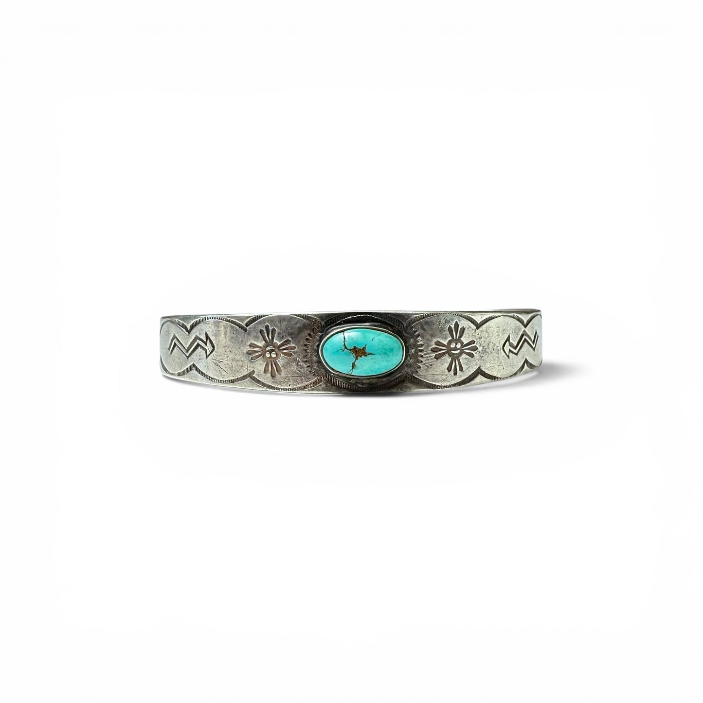 ca. 1930s-1940s Diné (Navajo) Sterling Silver & Turquoise Stamped Bracelet