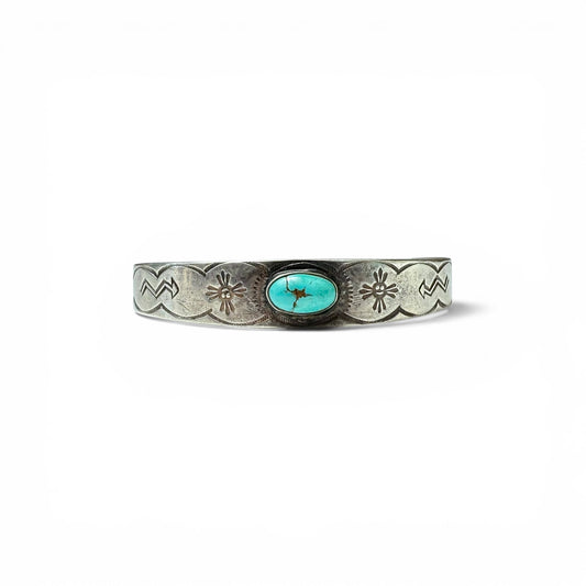 ca. 1930s-1940s Diné (Navajo) Sterling Silver & Turquoise Stamped Bracelet