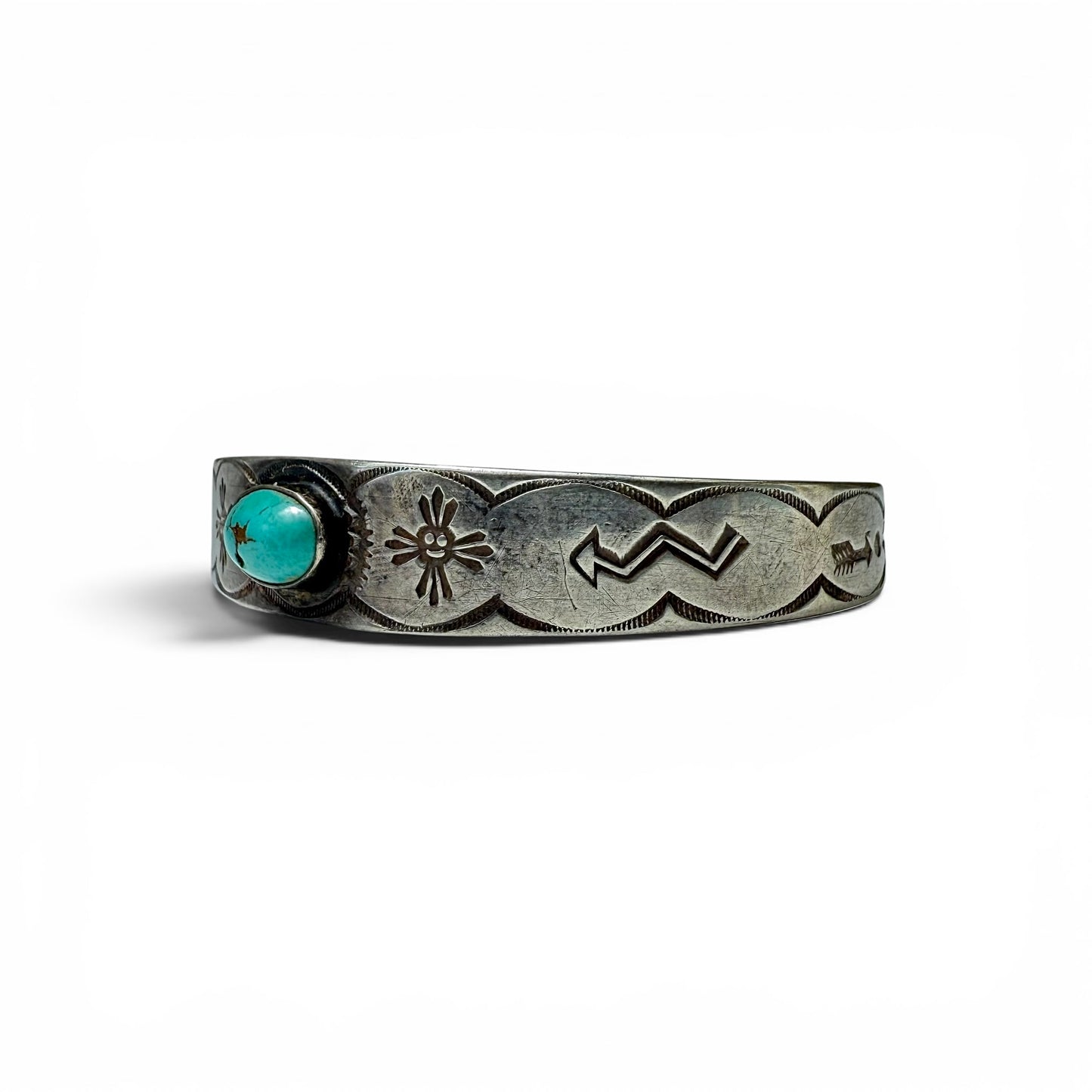 ca. 1930s-1940s Diné (Navajo) Sterling Silver & Turquoise Stamped Bracelet
