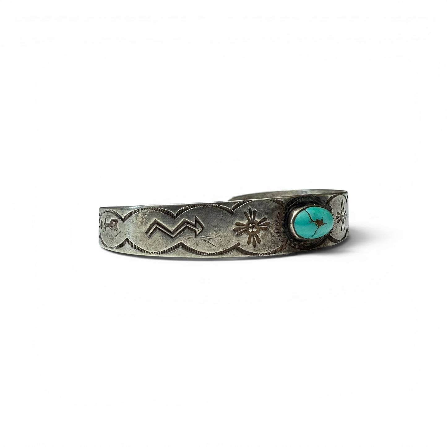 ca. 1930s-1940s Diné (Navajo) Sterling Silver & Turquoise Stamped Bracelet