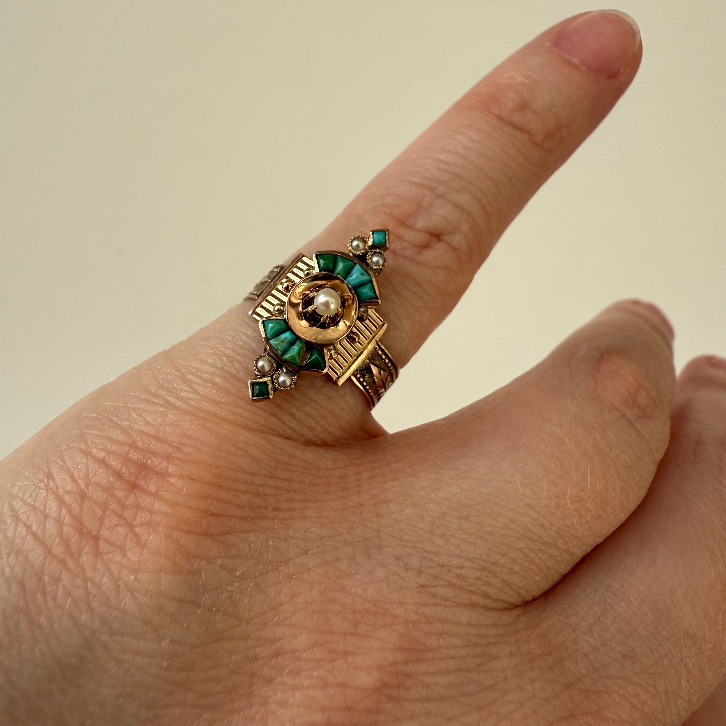 Victorian 10k Turquoise and Seed Pearl Ring Size 5.5