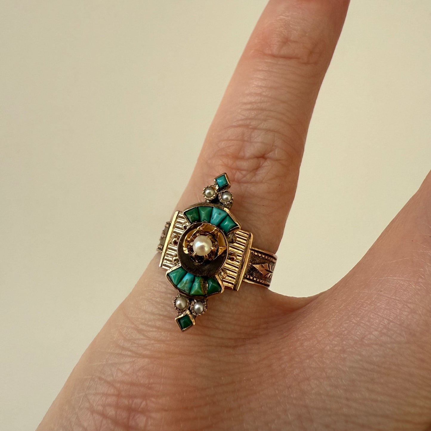 Victorian 10k Turquoise and Seed Pearl Ring Size 5.5