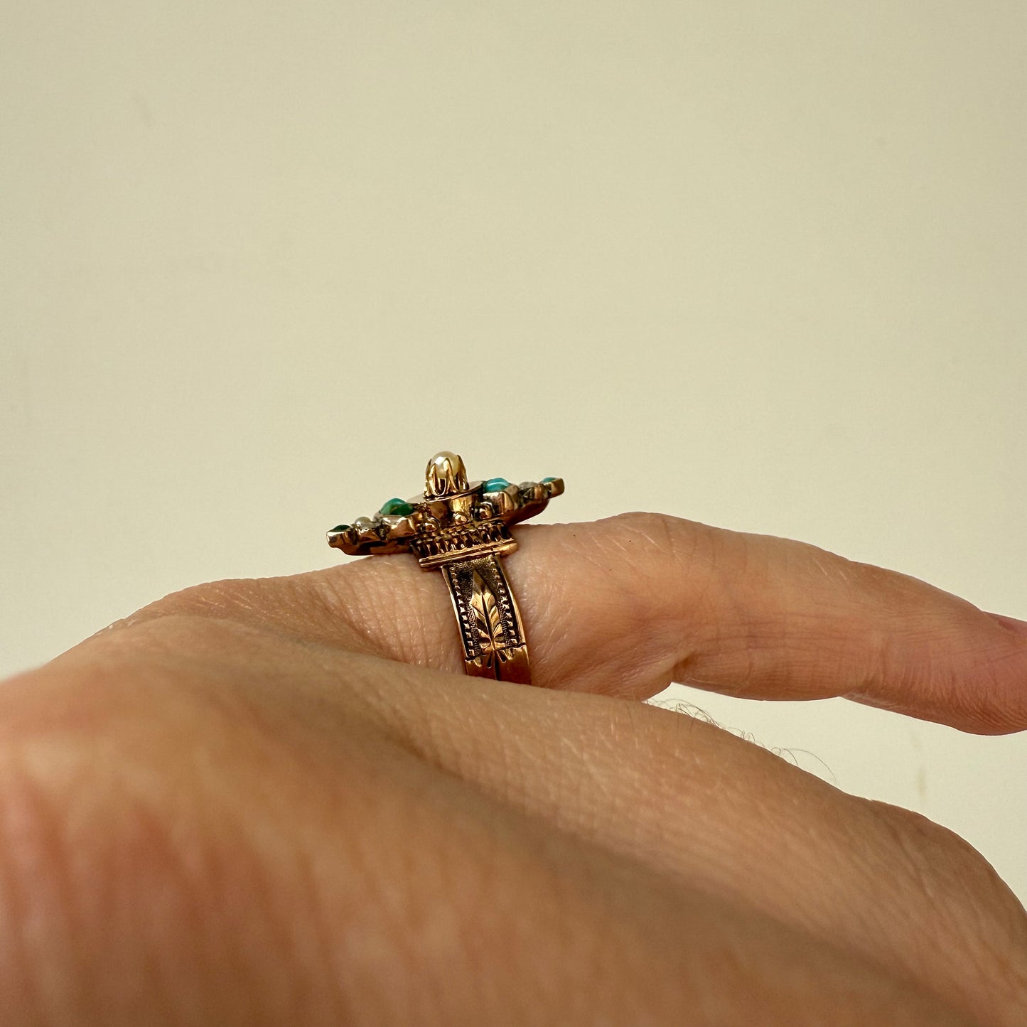 Victorian 10k Turquoise and Seed Pearl Ring Size 5.5