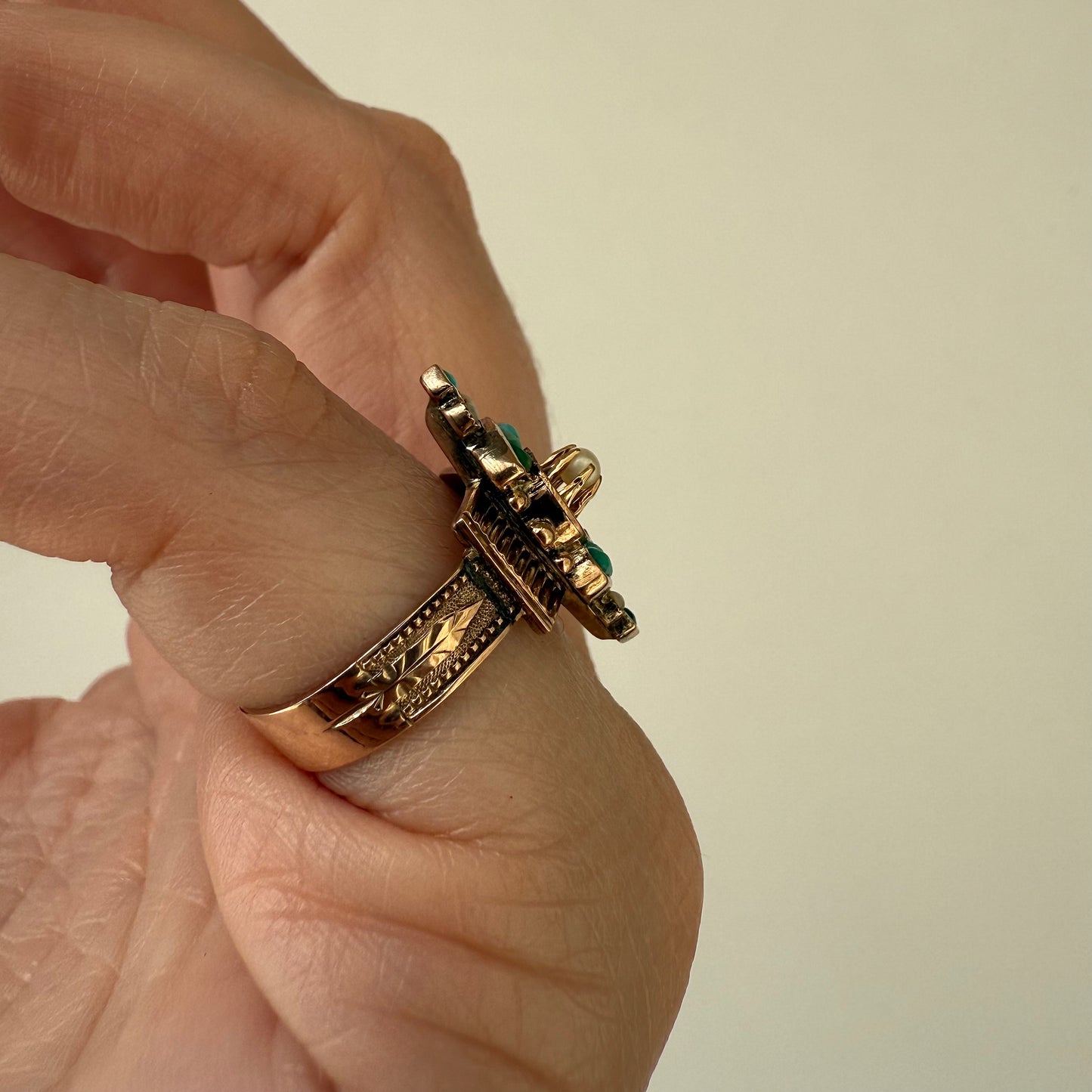 Victorian 10k Turquoise and Seed Pearl Ring Size 5.5
