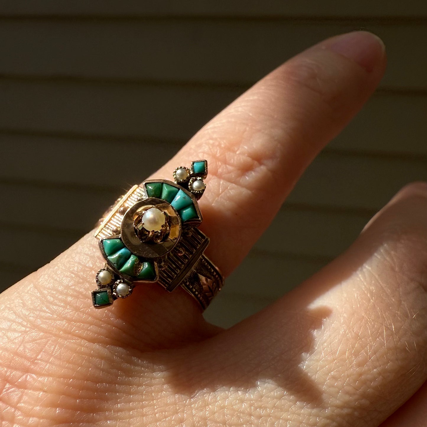 Victorian 10k Turquoise and Seed Pearl Ring Size 5.5