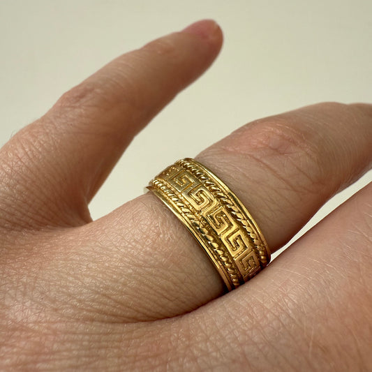 14k Yellow Gold Greek Key Wide Band Ring Size 7