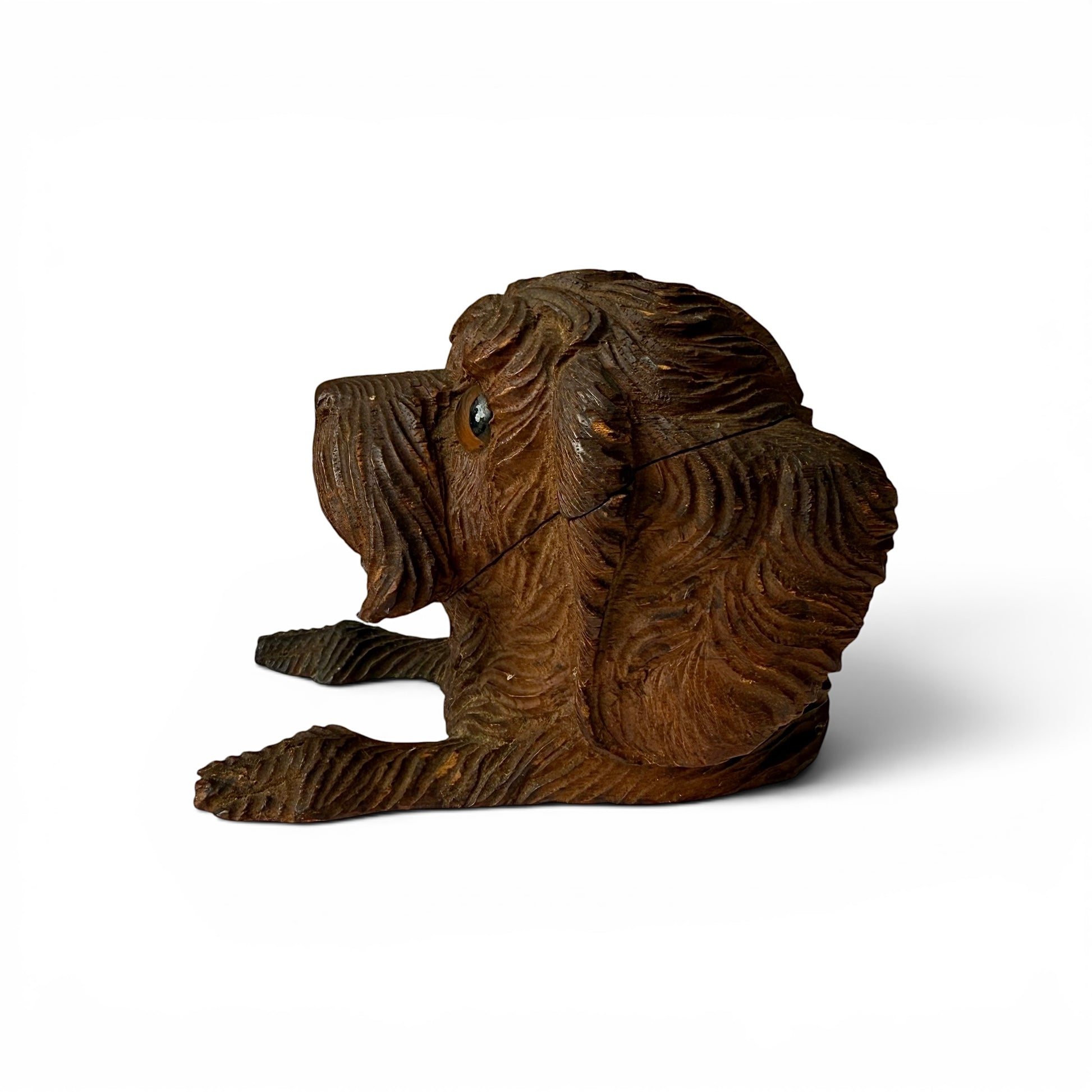 Late 19th Century Black Forest Hand-Carved Dog Inkwell Wooden dog figurine on a white background side view