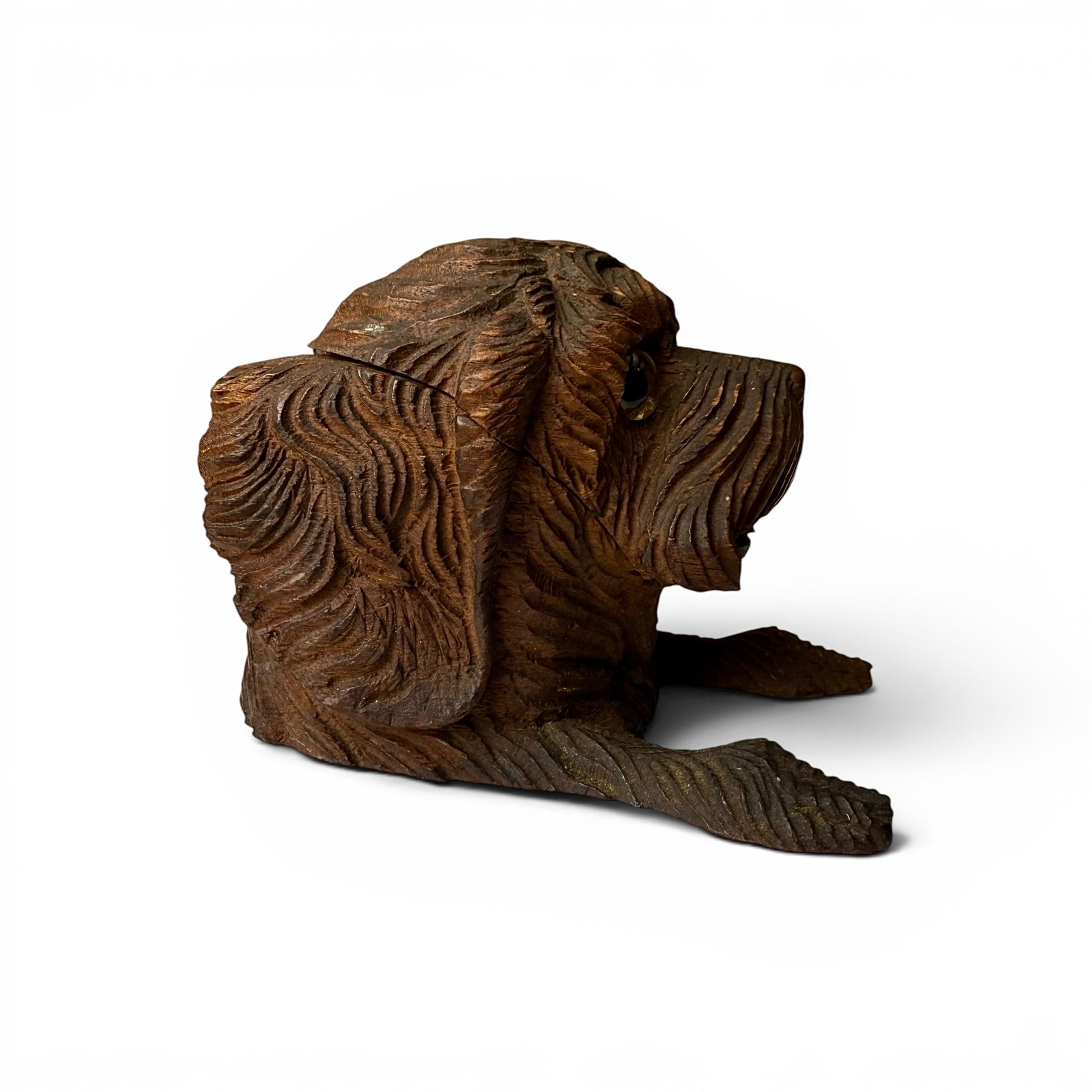 Late 19th Century Black Forest Hand-Carved Dog Inkwell Wooden dog figurine on a white background side view