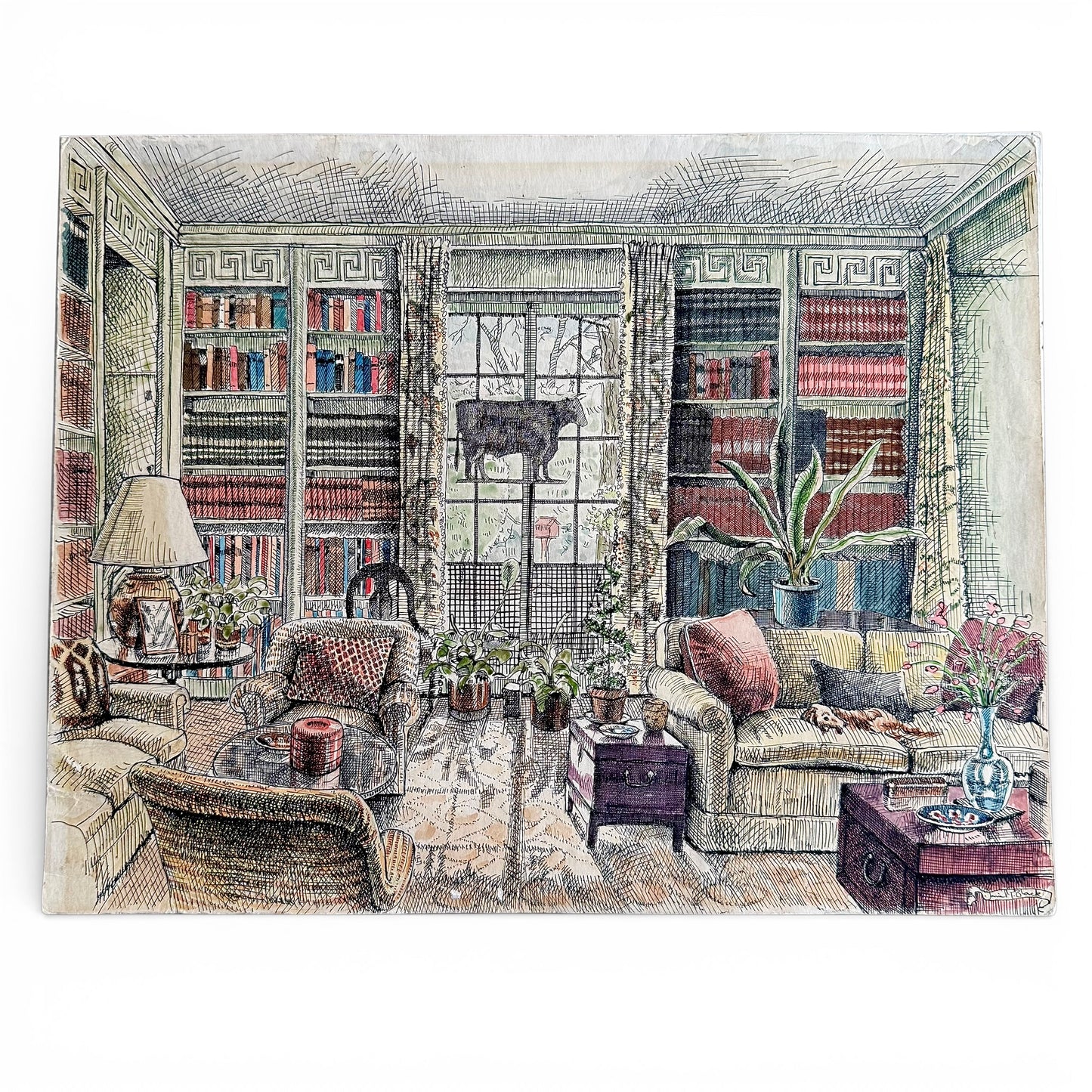 Lounging Dachshund in Study - Pen and Ink Watercolor Illustration of a cozy living room with bookshelves and furniture.