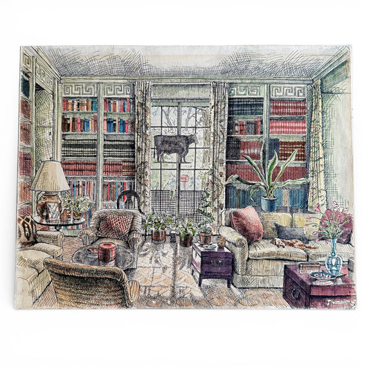 Lounging Dachshund in Study - Pen and Ink Watercolor Illustration of a cozy living room with bookshelves and furniture.