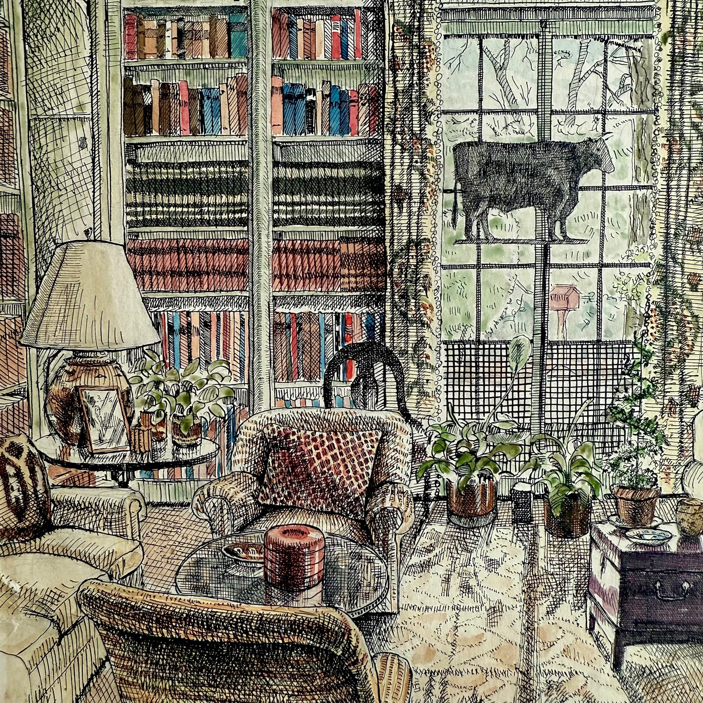 Lounging Dachshund in Study - Pen and Ink Watercolor Illustration of a cozy living room with bookshelves, furniture, and a birdhouse outside the window.