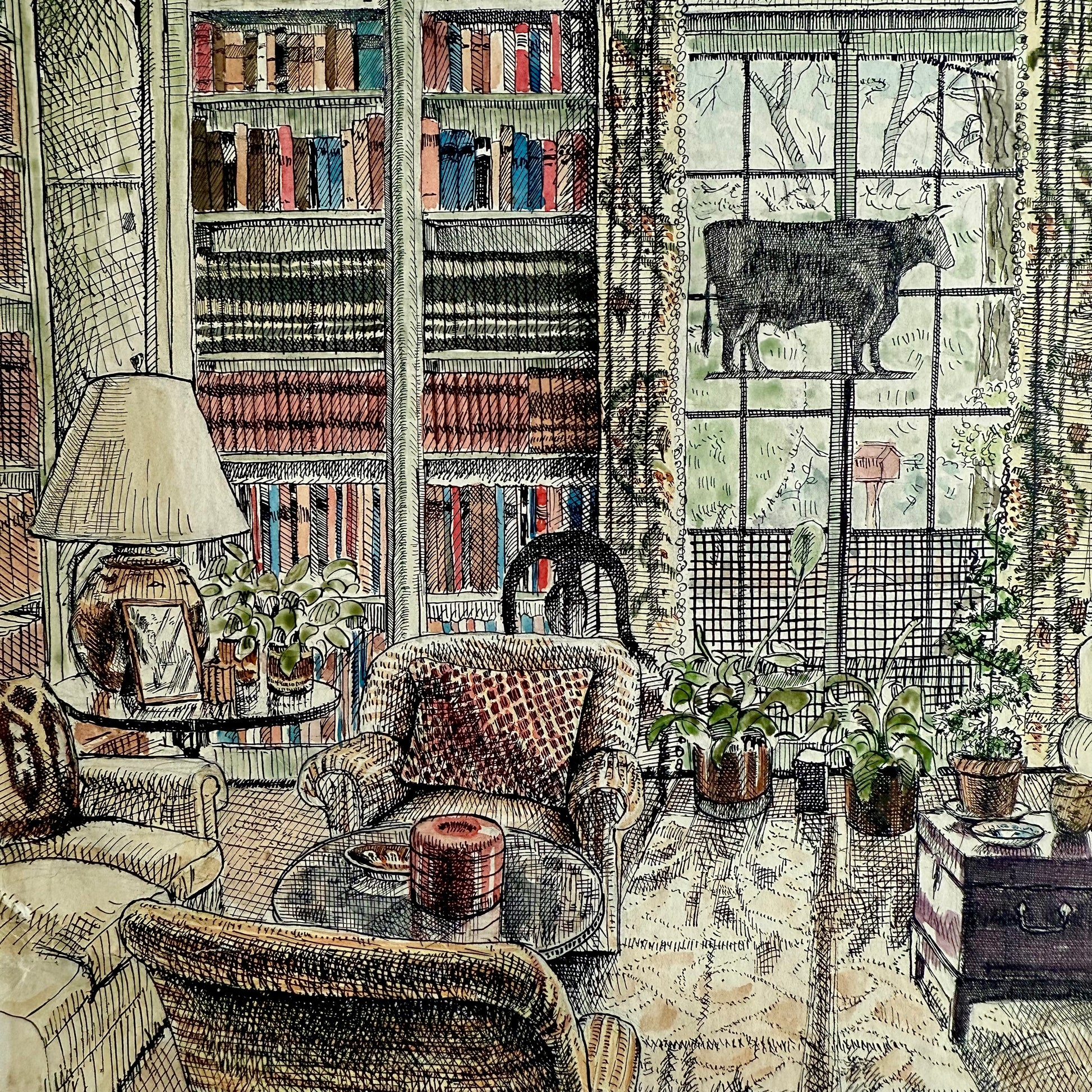 Lounging Dachshund in Study - Pen and Ink Watercolor Illustration of a cozy living room with bookshelves, furniture, and a birdhouse outside the window.