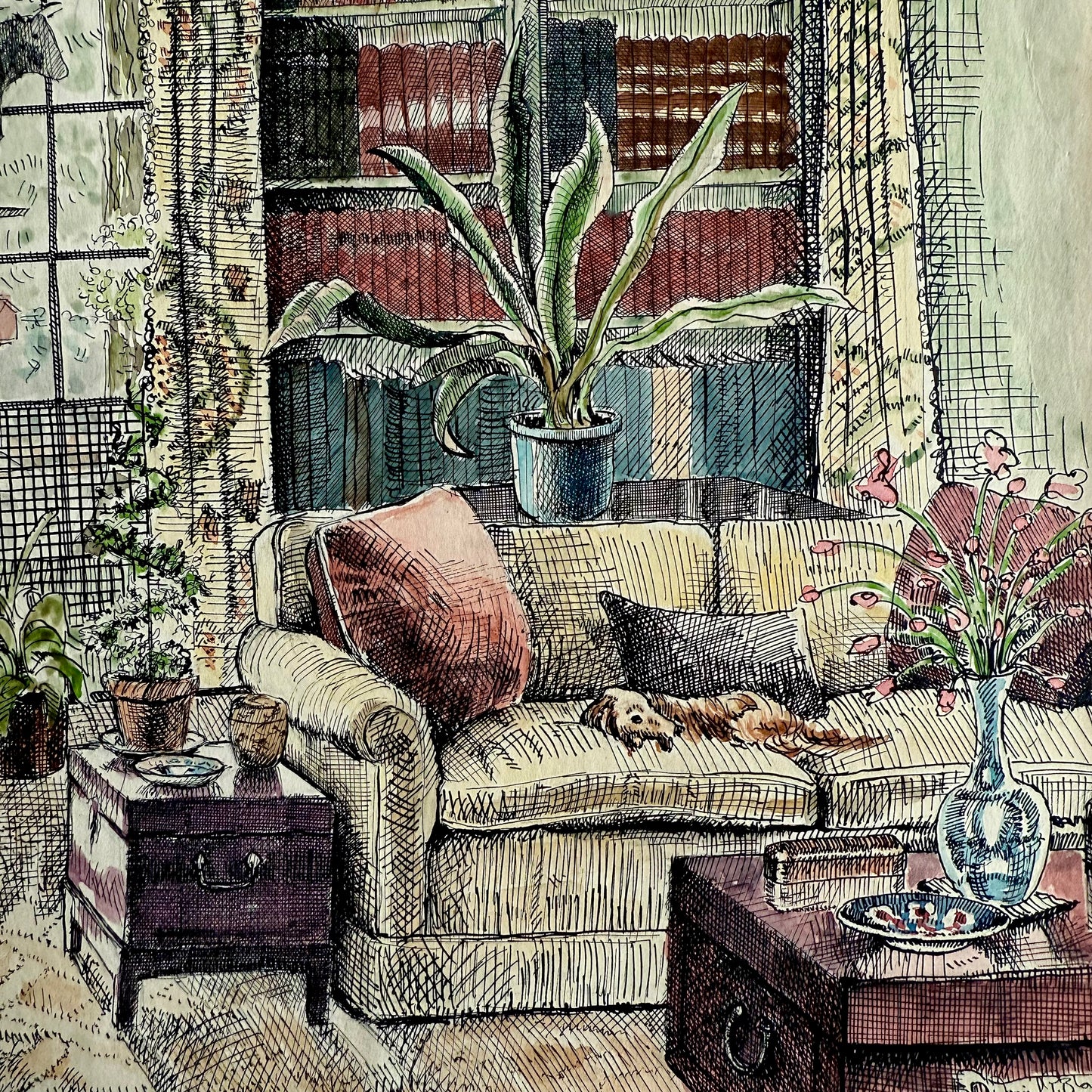 Lounging Dachshund in Study - Pen and Ink Watercolor Illustration of a cozy living room with a couch, coffee table, and decorative elements.