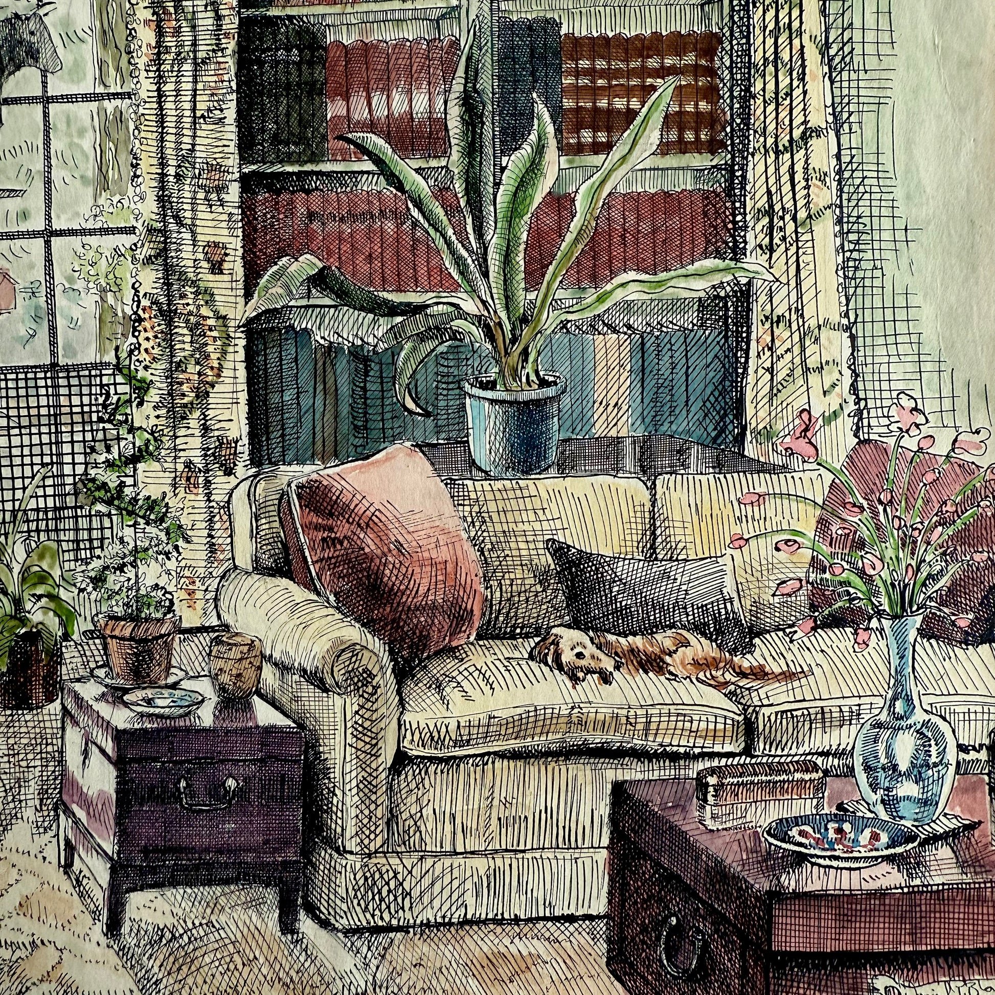 Lounging Dachshund in Study - Pen and Ink Watercolor Illustration of a cozy living room with a couch, coffee table, and decorative elements.