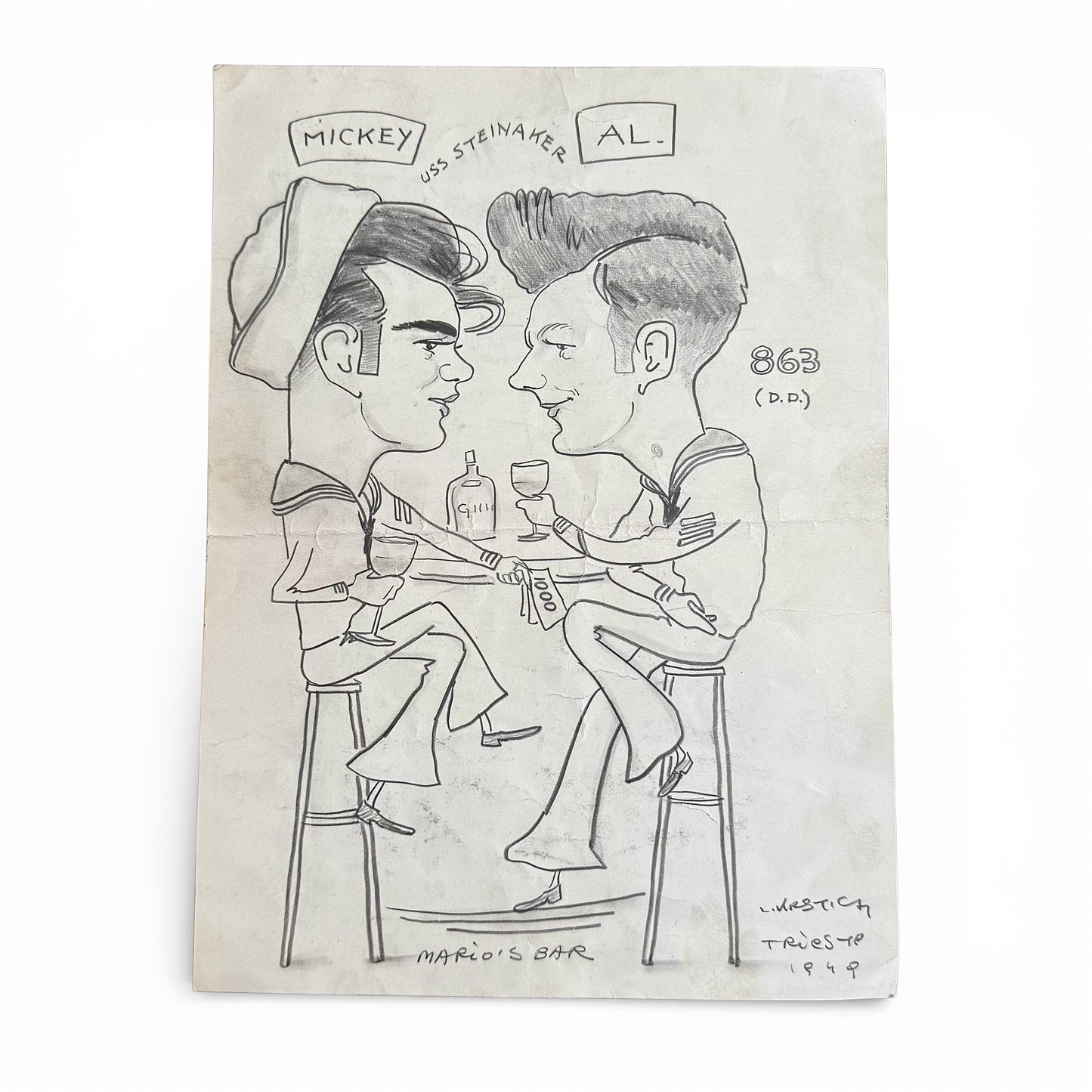 Mario's Bar 1949 Caricature Cartoon drawing of two men in military uniforms sitting at a bar counter.