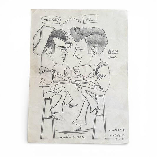 Mario's Bar 1949 Caricature Cartoon drawing of two men in military uniforms sitting at a bar counter.