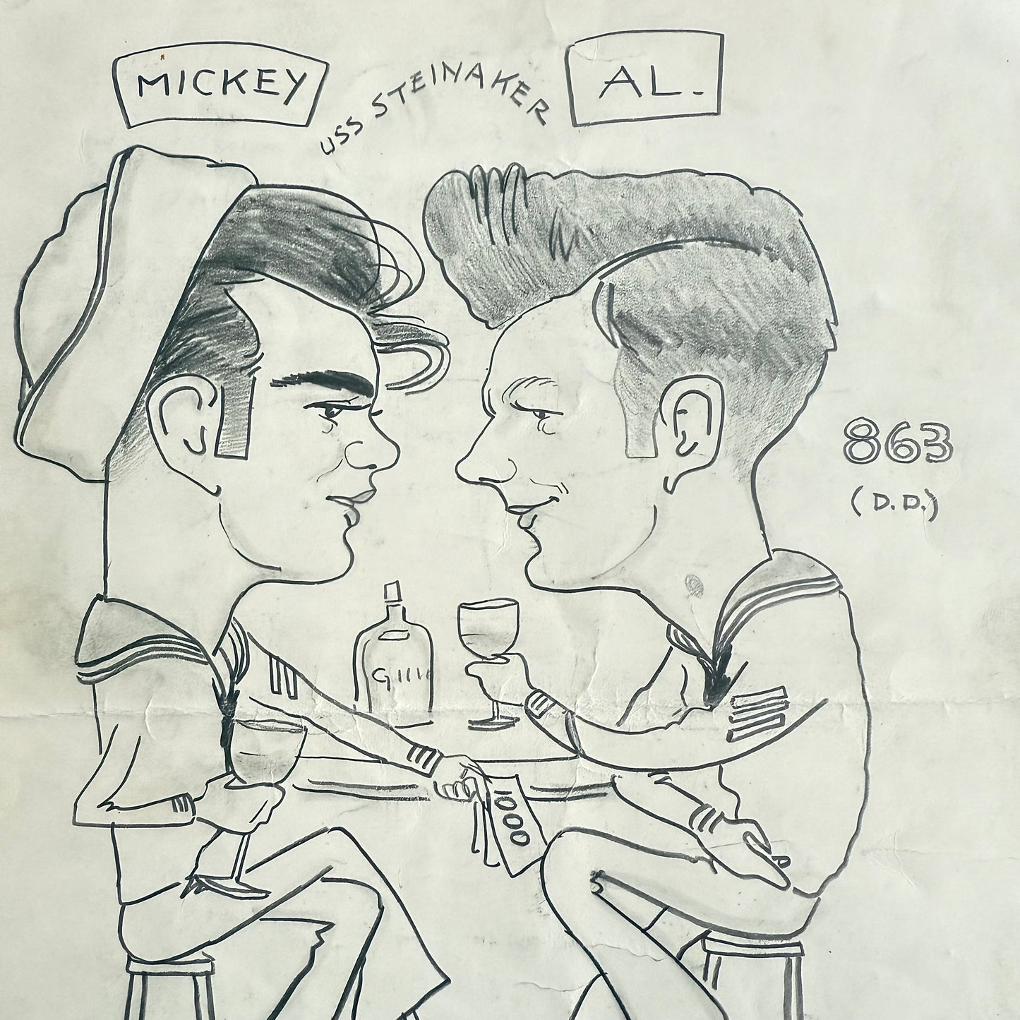 Mario's Bar 1949 Caricature Cartoon of two sailors in uniform with a bottle and glasses, labeled 'Mickey' and 'Al'.
