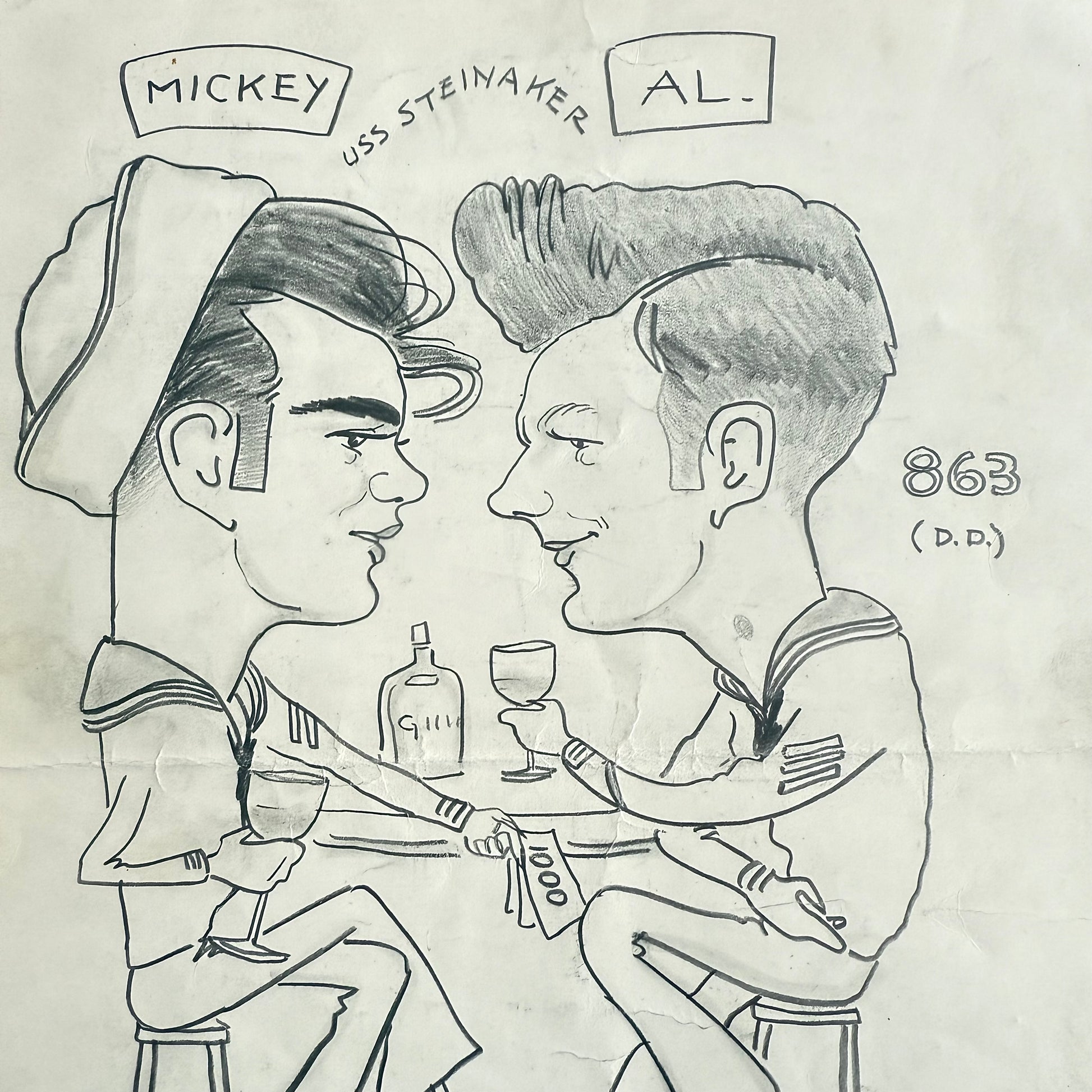 Mario's Bar 1949 Caricature Cartoon of two sailors in uniform with a bottle and glasses, labeled 'Mickey' and 'Al'.