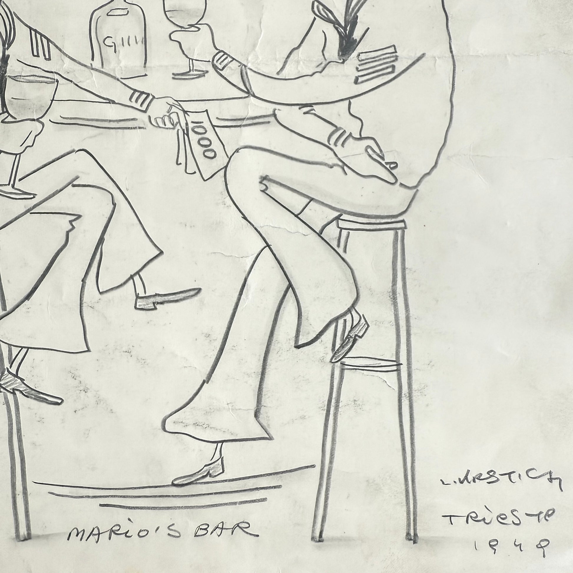 Mario's Bar 1949 Caricature Illustration of two people at a bar with 'Mario's Bar' and 'Trieste 1949' text.