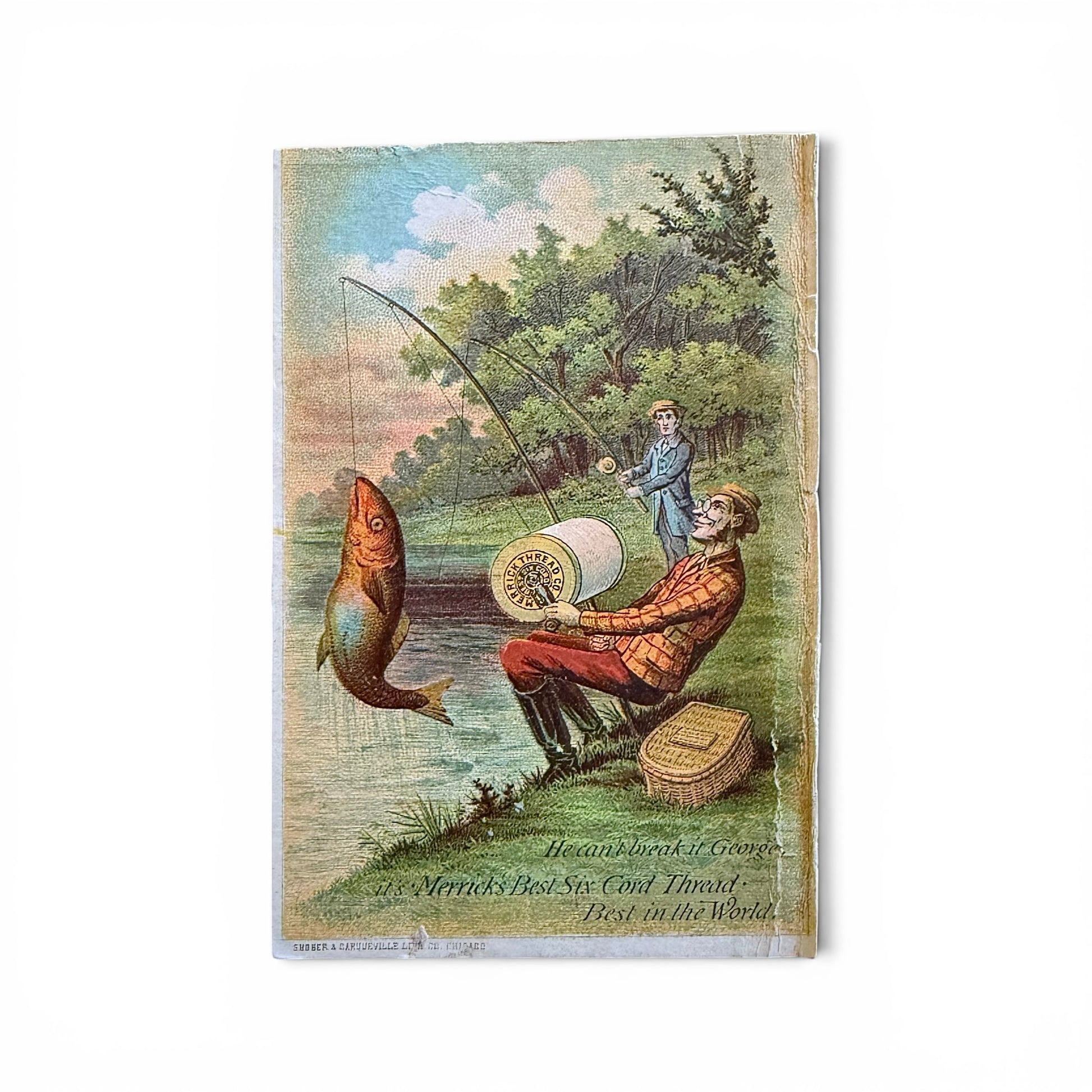 Merricks Best Six Cord Thread - Victorian Trade Card Man sitting by river catching a fish with friend in background