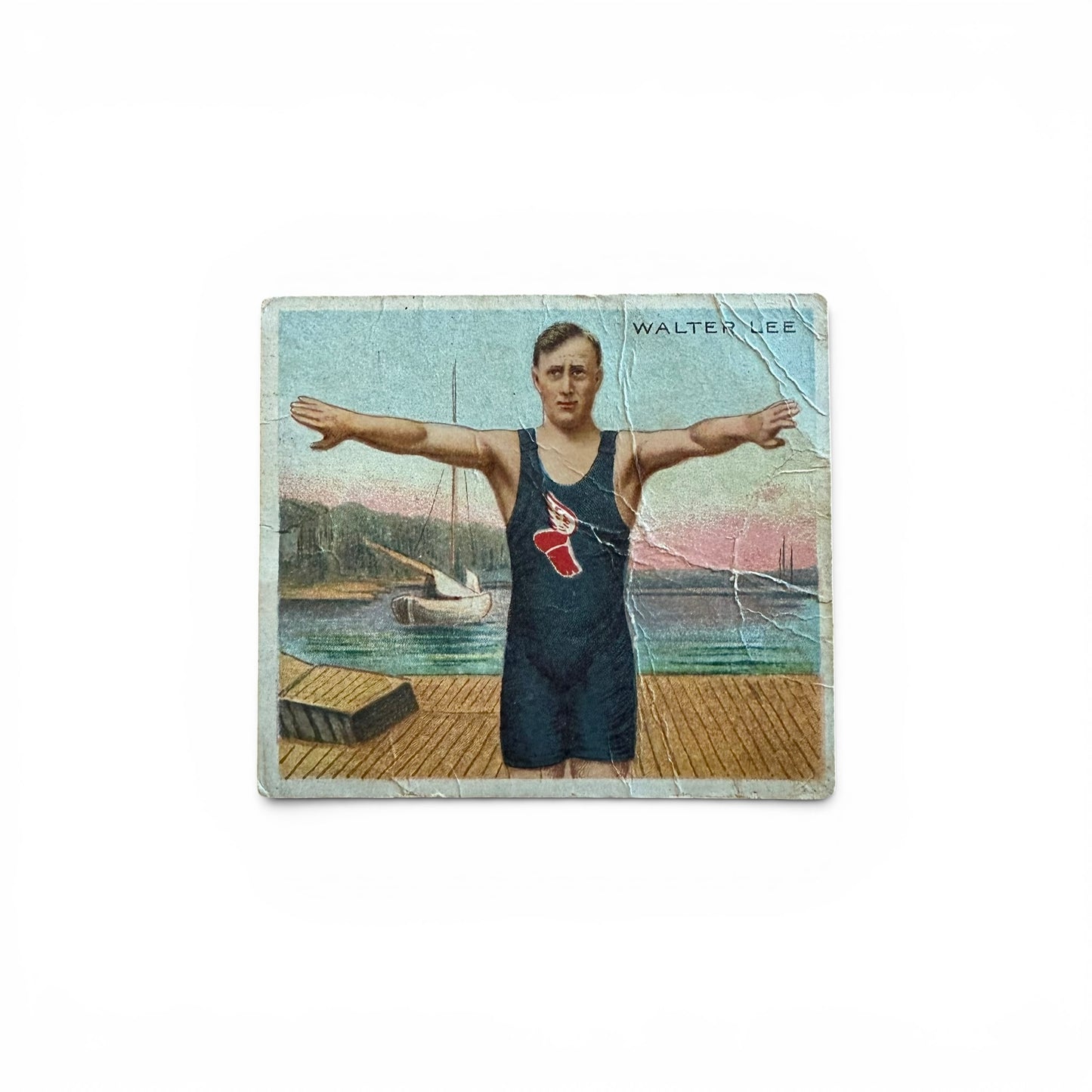 NYAC Member Walter Lee - Cigarette Trade Card Vintage-style card featuring a swimmer with a sailboat and dock in the background