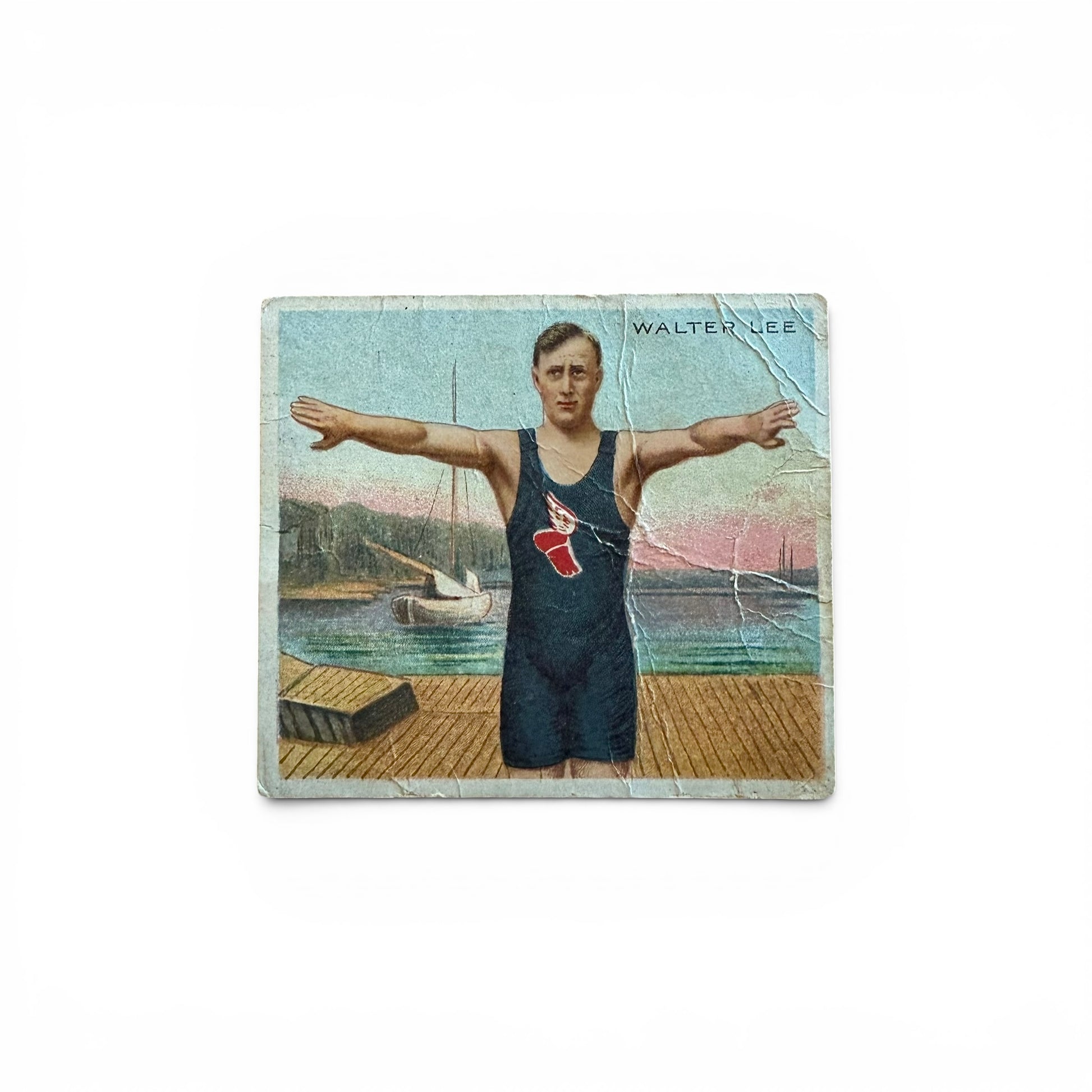 NYAC Member Walter Lee - Cigarette Trade Card Vintage-style card featuring a swimmer with a sailboat and dock in the background