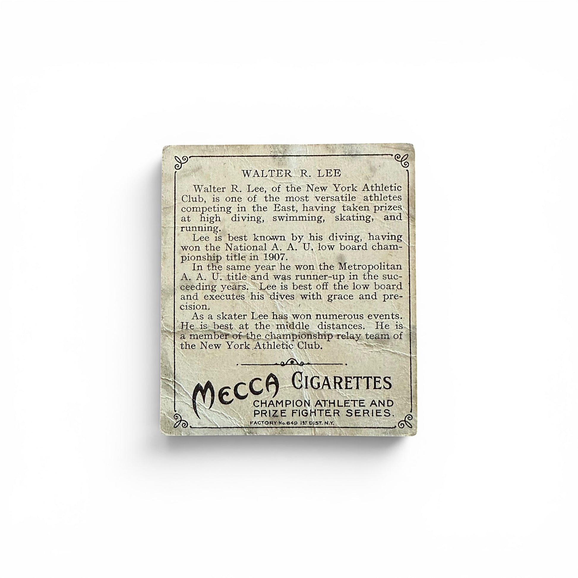 NYAC Member Walter Lee - Cigarette Trade Card Vintage-style card with text about Walter R. Lee and Mecca Cigarettes branding on a white background