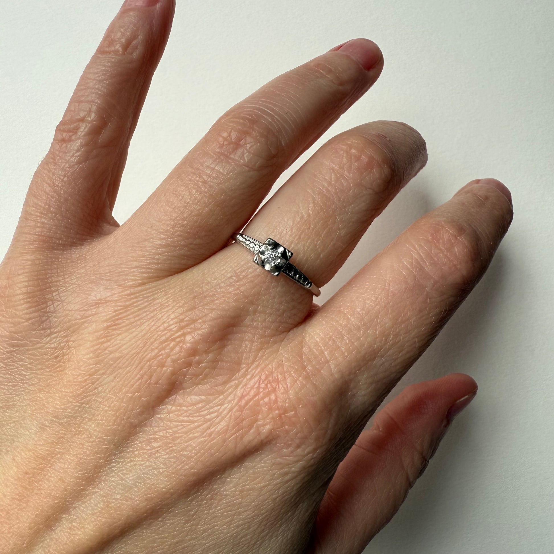 Old Mine Diamond Solitaire 14k White Gold Ring on hand