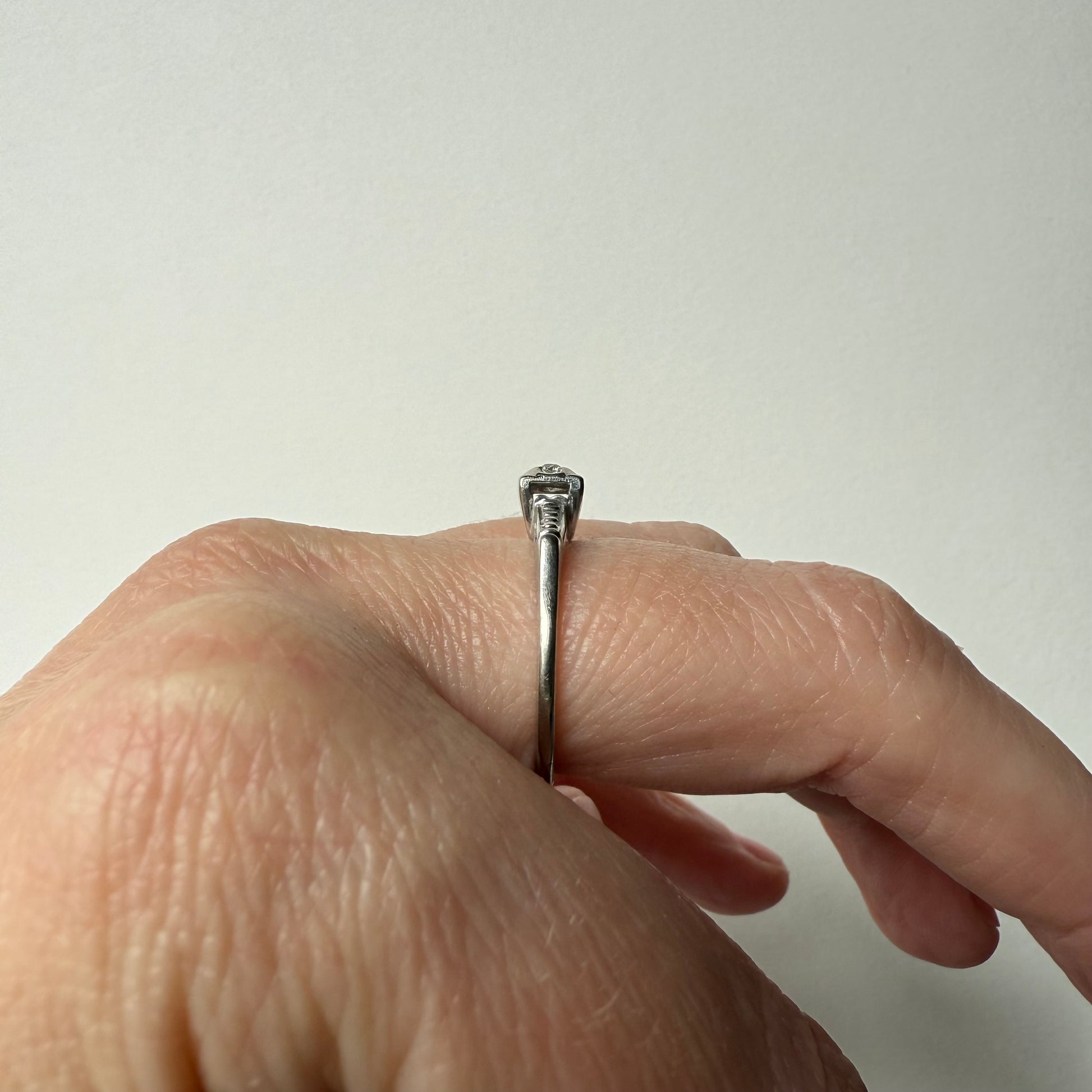 Old Mine Diamond Solitaire 14k White Gold Ring on hand side view