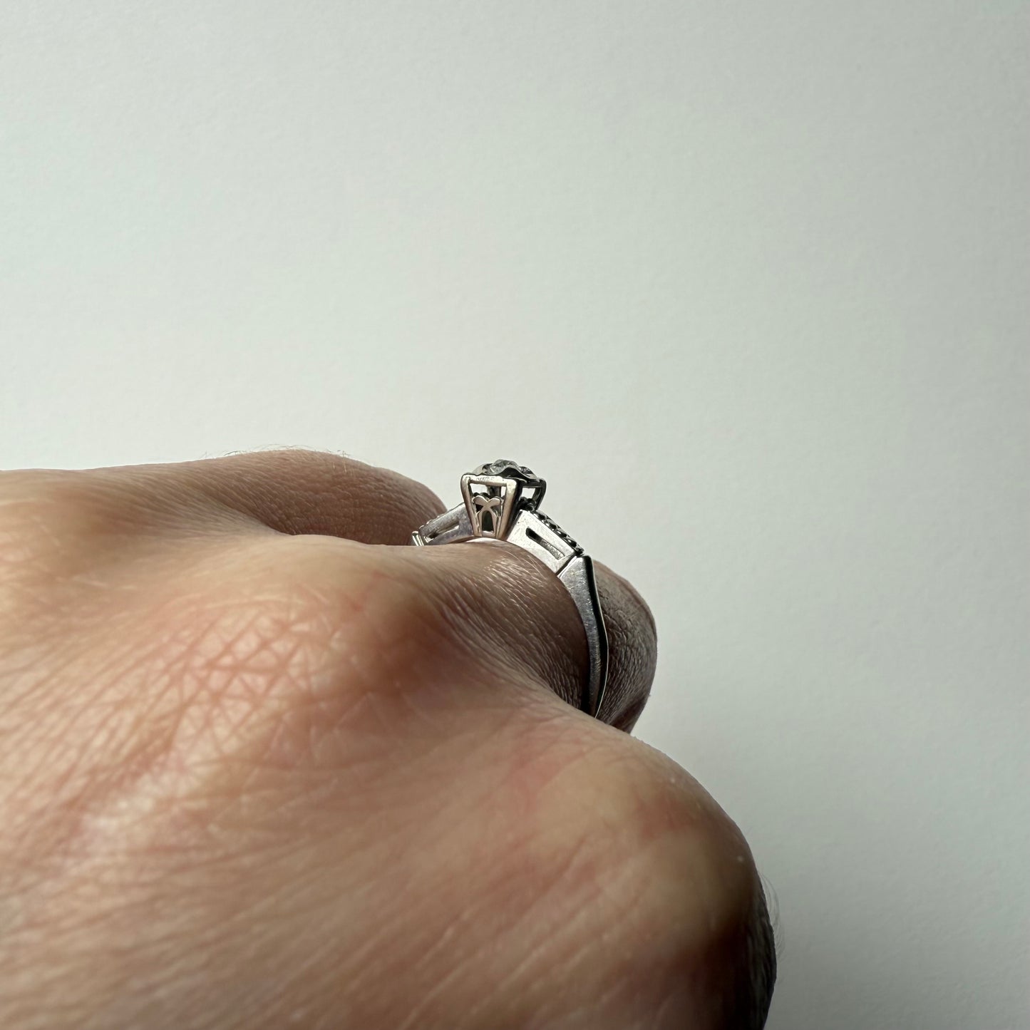 Old Mine Diamond Solitaire 14k White Gold Ring on hand side view
