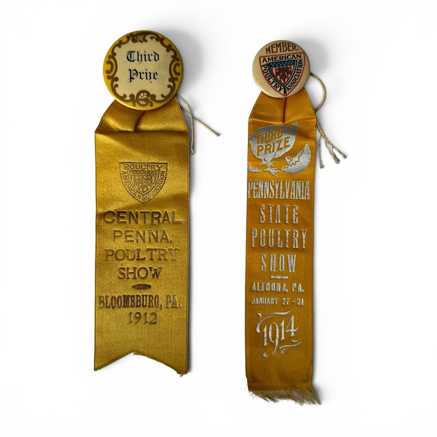 Pair of Poultry Show Award Ribbons 1912-1914 Two vintage gold ribbons from the Pennsylvania State Poultry Show with 'Third Prize' text on a white background.