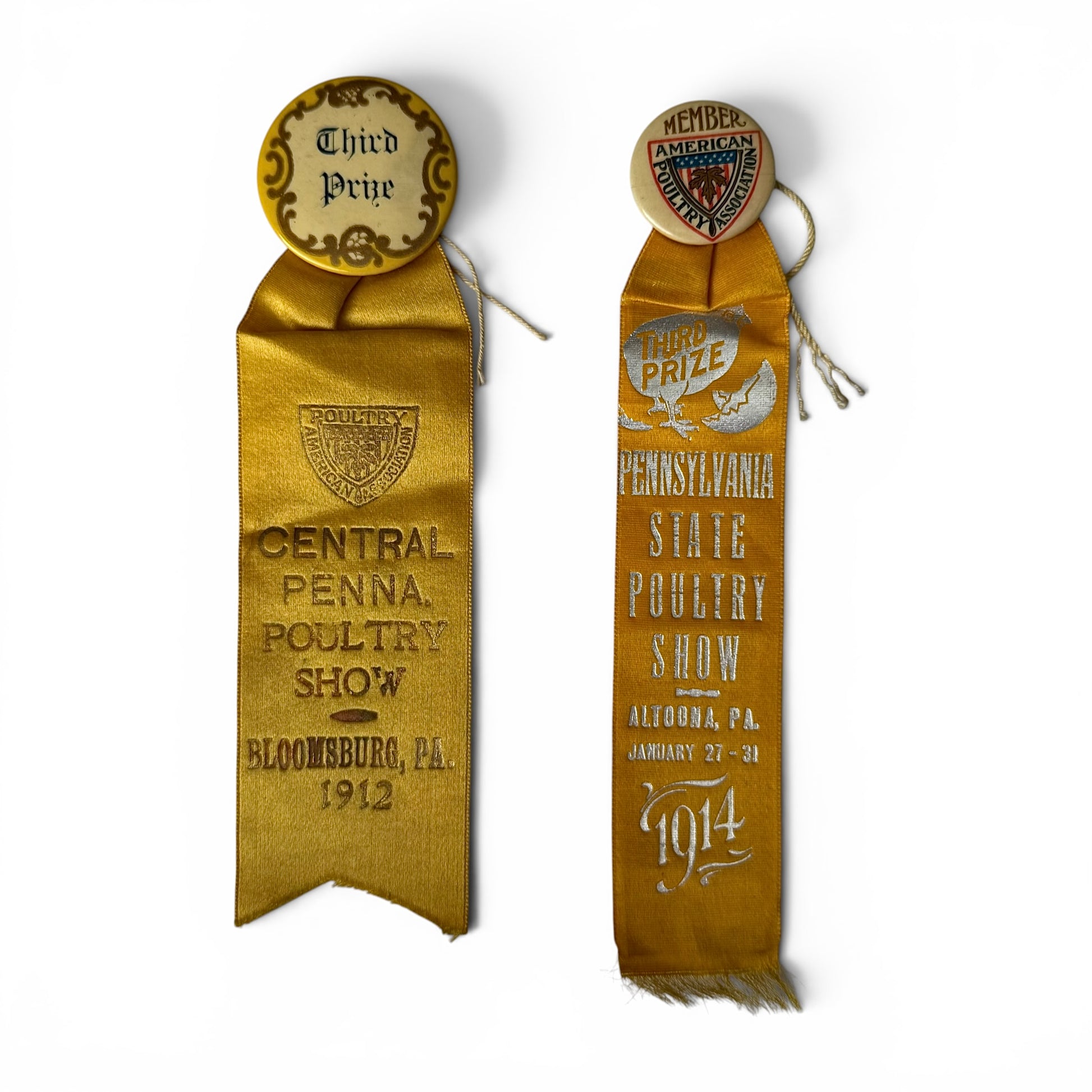 Pair of Poultry Show Award Ribbons 1912-1914 Two vintage gold ribbons from the Pennsylvania State Poultry Show with 'Third Prize' text on a white background.