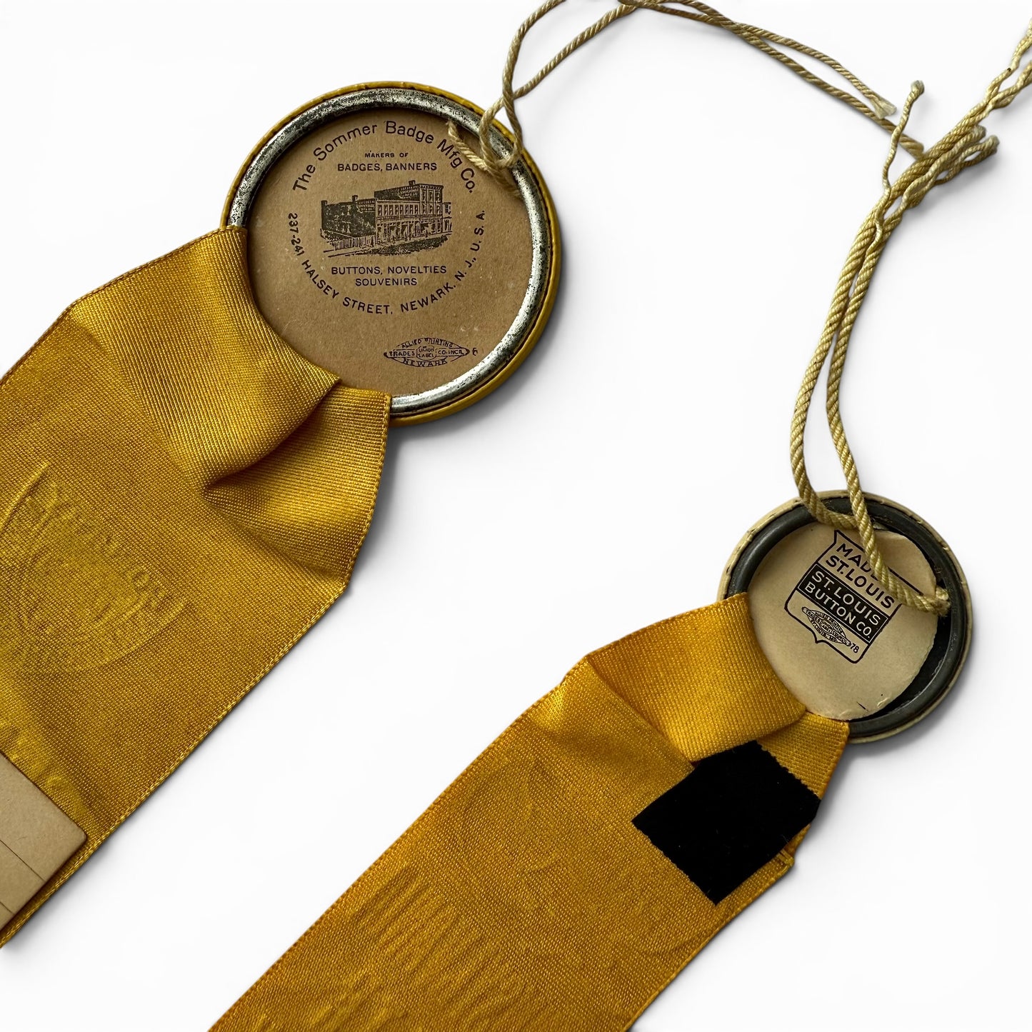 Pair of Poultry Show Award Ribbons 1912-1914 Two yellow ribbons with vintage labels on a white background